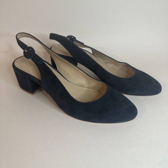 Pelle Moda Ulla women navy blue sling back pump-almond toe-block heel suede 10M - Picture 2 of 12